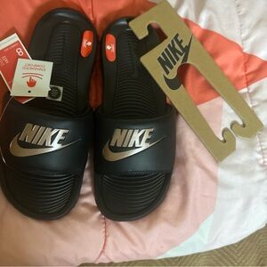 Nike Black and Silver Slide Sandals